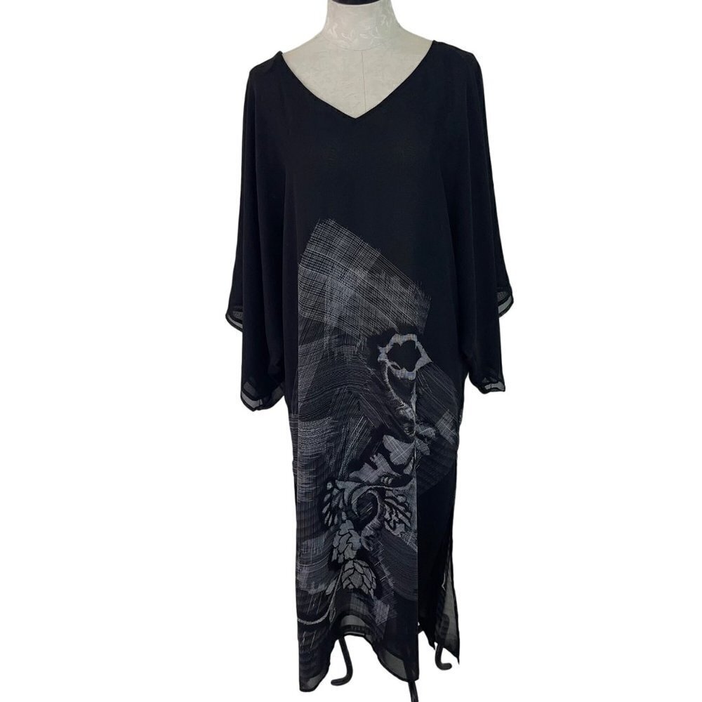Soma Womens Kimono Size M Black Caftan Abstract Print Chiffon Layered Side Slits